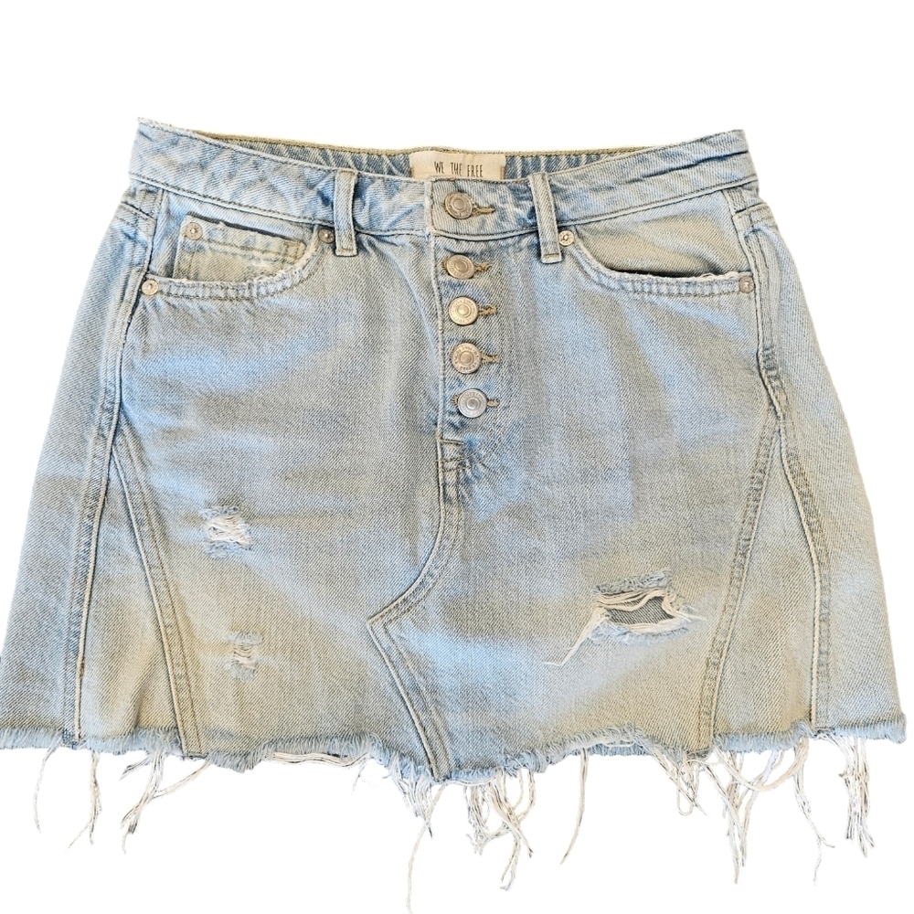 We The Free People Distressed Denim Button Fly Frayed Mini Skirt
